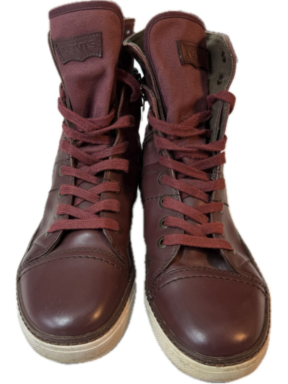 Levis Mens Burgundy Leather Canvas High Top Boots Lace Up Side Zip Casual Sneake - Picture 2 of 8